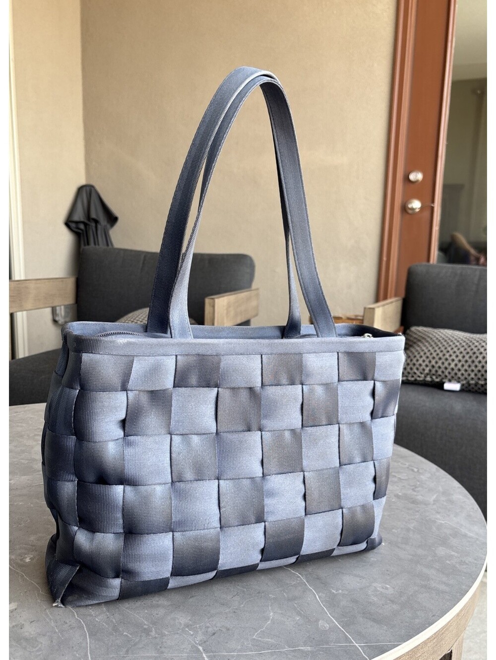 Harveys Large Gray Woven Seatbelt Nylon Shoulder Handbag Tote with Zippered Top